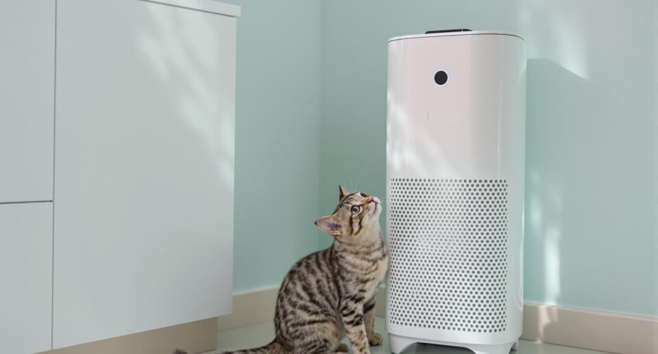 A curious domestic cat near a HEPA air purifier in a clean room, highlighting feline asthma treatment environment.