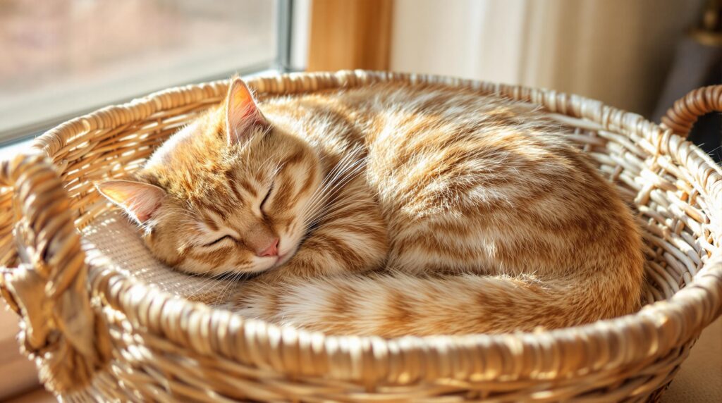 An orange tabby cat sleep peacefully in the daytime in a basket by a window