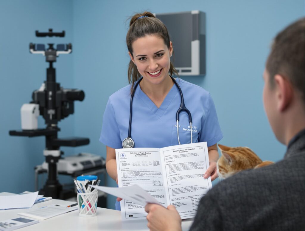 Compassionate veterinarian consults with pet owner about feline leukemia symptoms in cats.