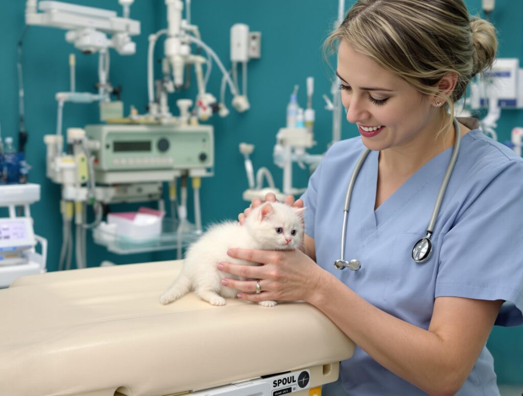 Compassionate female veterinarian examining fluffy white kitten for feline leukemia in a clinical setting.