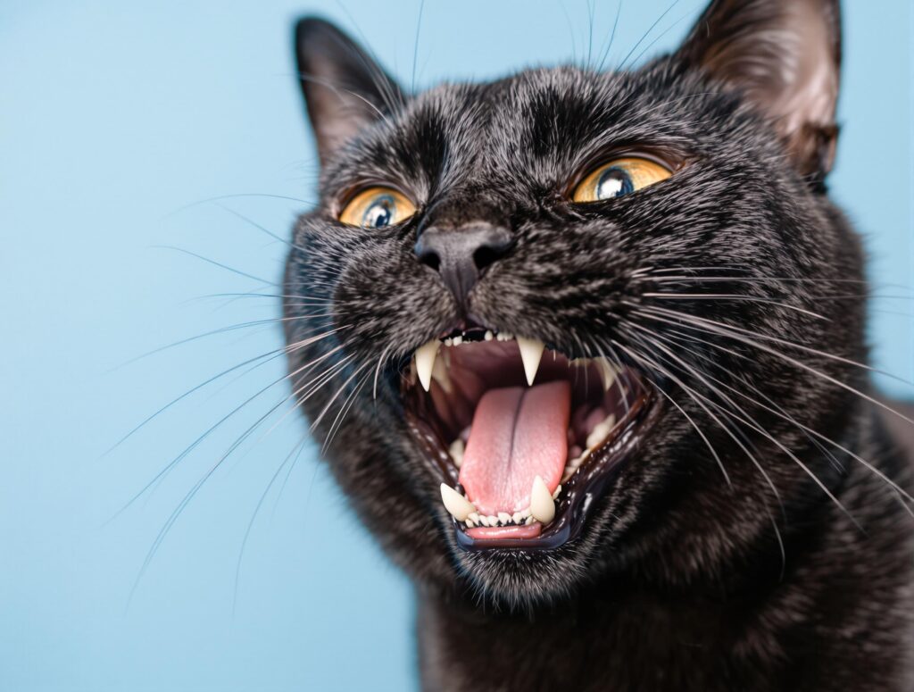 Close-up of a well-groomed domestic cat's open mouth showing healthy teeth and gums, illustrating feline stomatitis dental health.