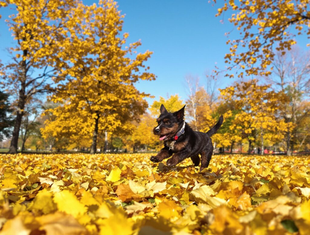 Energetic terrier dog runs through autumn leaves fighting fall allergies.