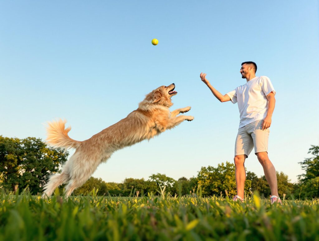 Golden retriever leaping to catch a tennis ball in a park, showcasing an active bond with its owner for first-time dog parents.