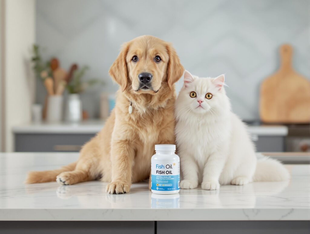 Golden retriever puppy and fluffy white cat with fish oil supplements, promoting pet health.