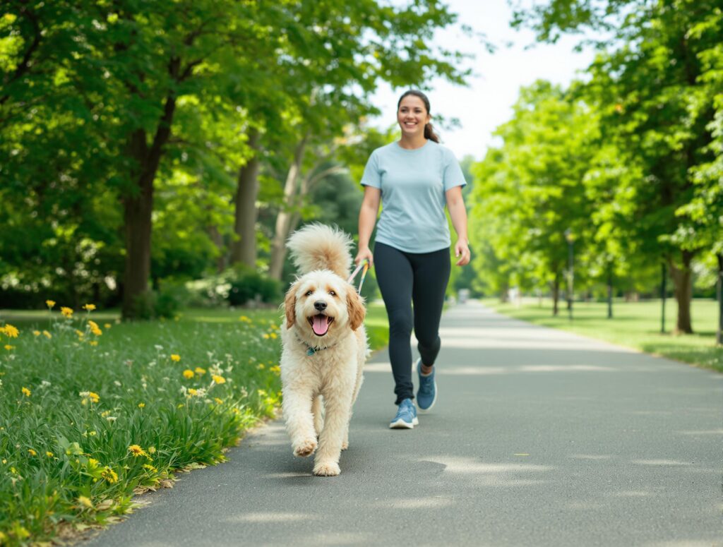 Pet owner walking their large dog after giving the dog a flea and tick treatment