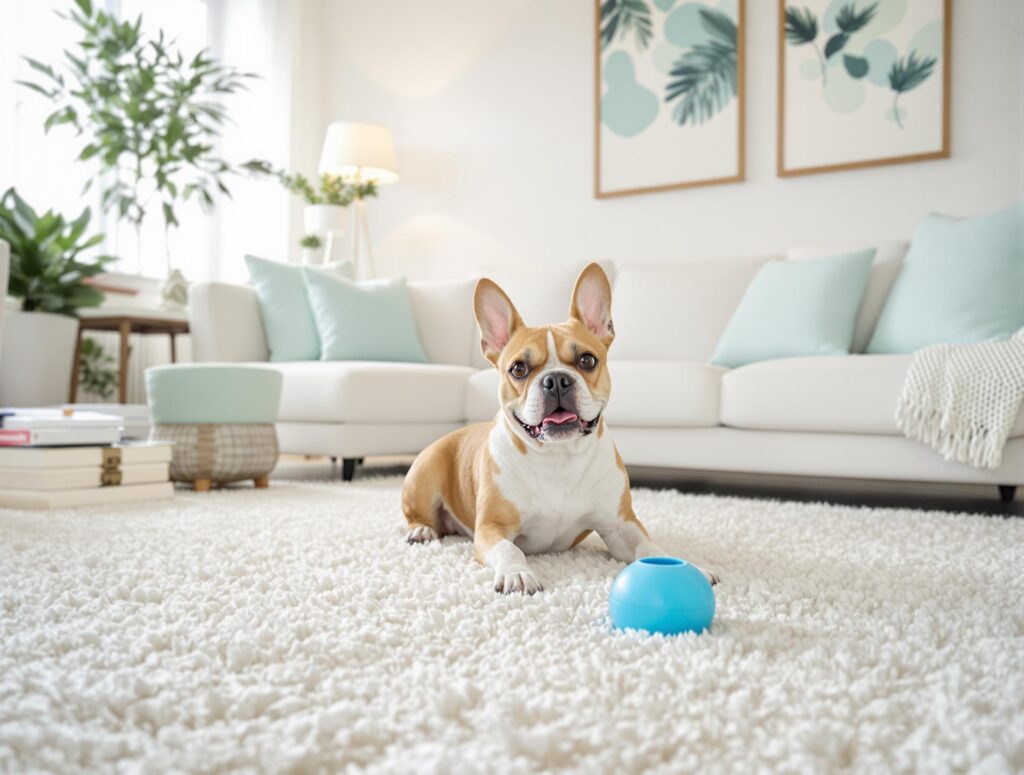 Energetic medium-sized dog with blue chew toy in a clean, flea-free modern living room.