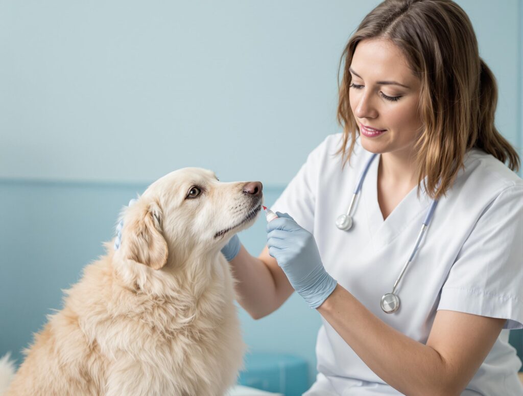 A veterinarian in scrubs applies flea treatment to a calm dog in a soothing home setting.