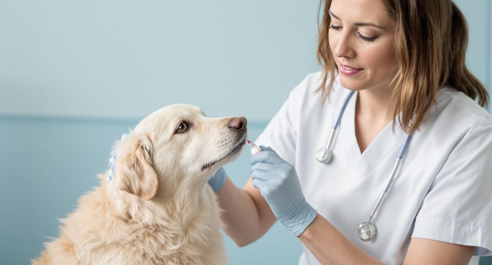 A veterinarian in scrubs applies flea treatment to a calm dog in a soothing home setting.