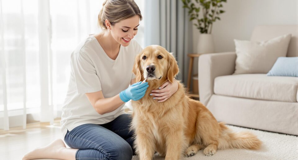 Compassionate pet owner applies flea treatment to calm golden retriever in serene living room setting.