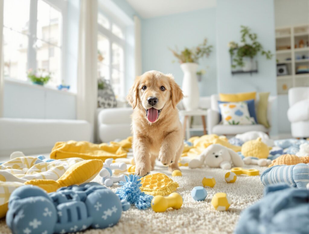 A playful golden retriever puppy in a clean living room with blue and yellow toys, symbolizing flea-free pet health.