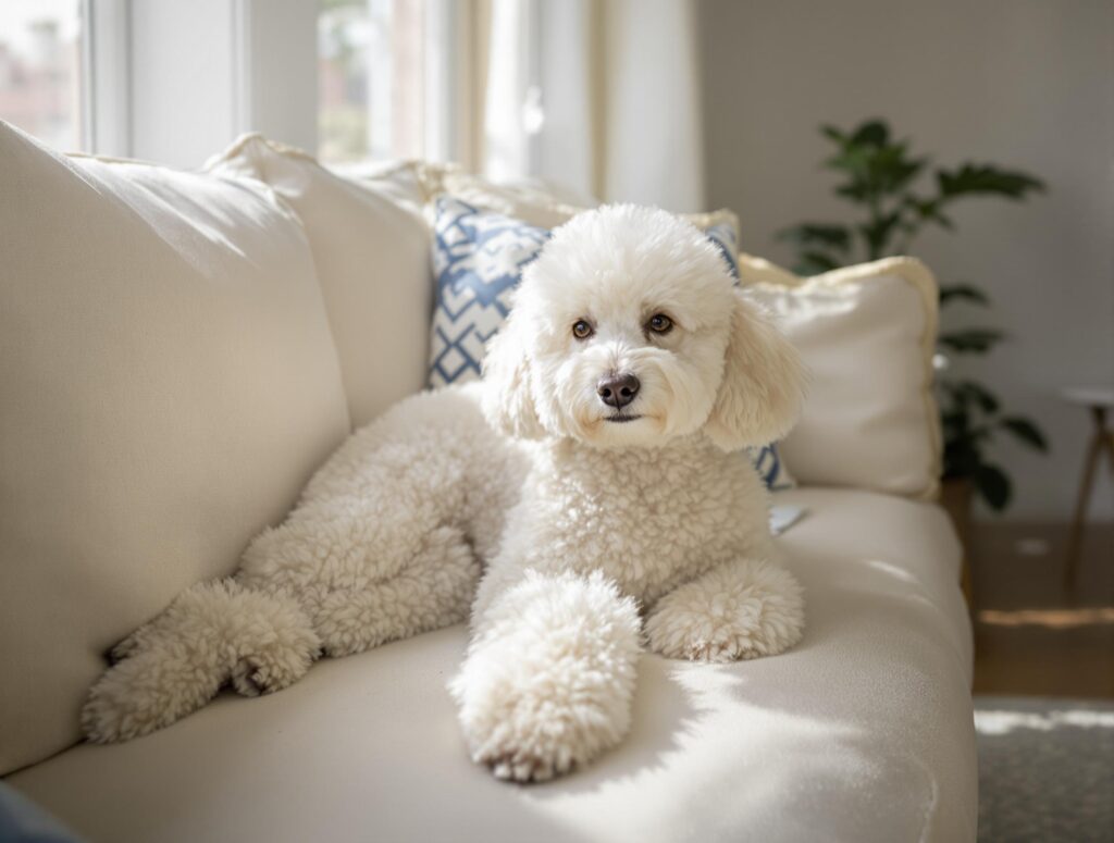 A white, fluffy poodle sits on a white couch and has soft daytime light on it from a nearby window
