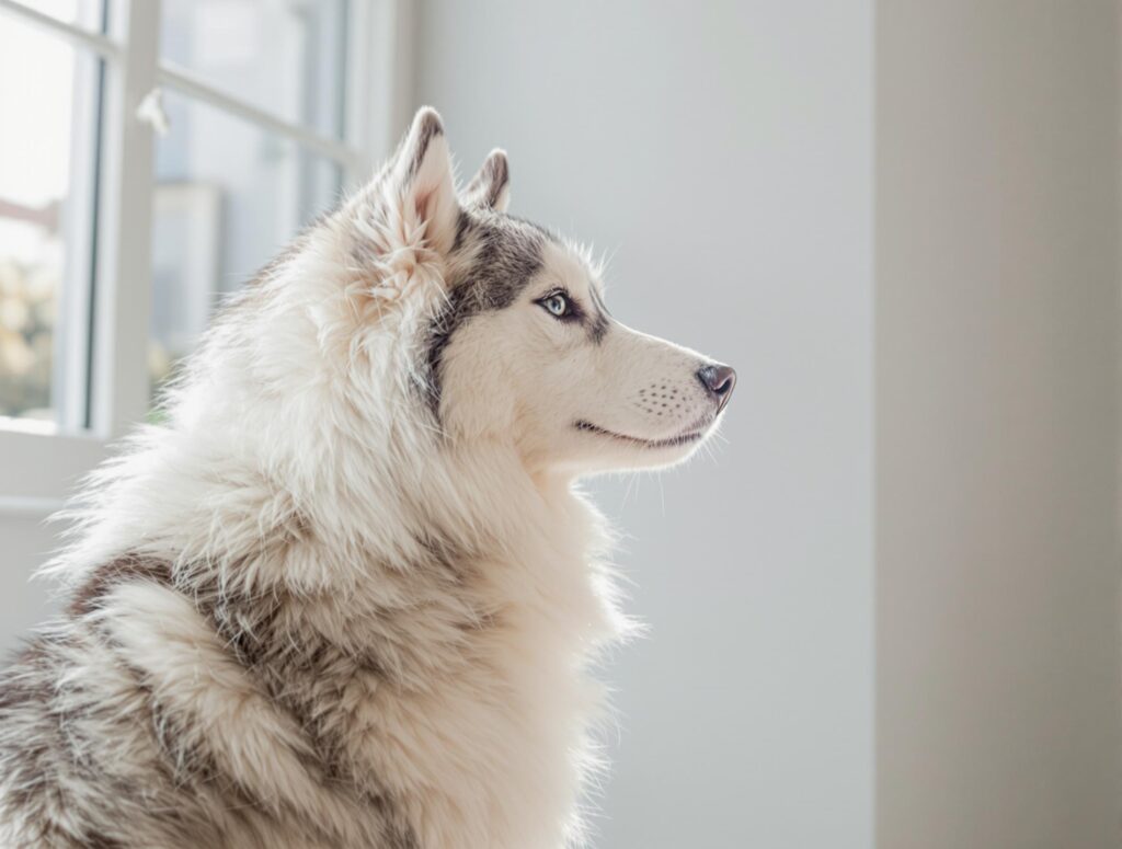A fluffy Siberian husky dog looks to the side near a window in a white room.