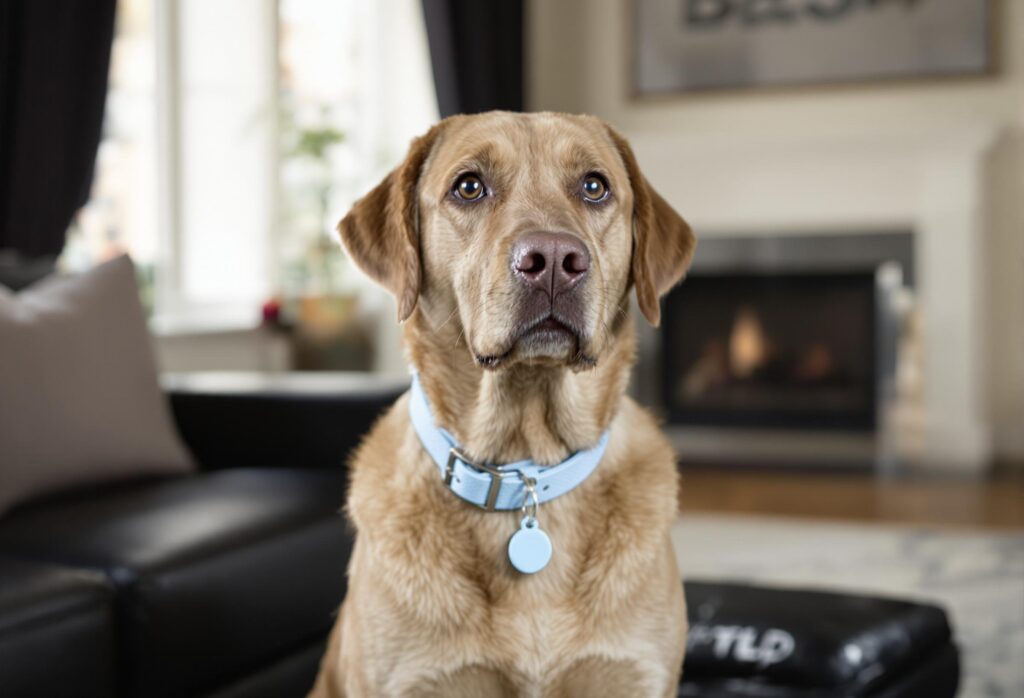 Medium-sized friendly dog with blue collar sitting in a contemporary living room, highlighting dog and collar details.