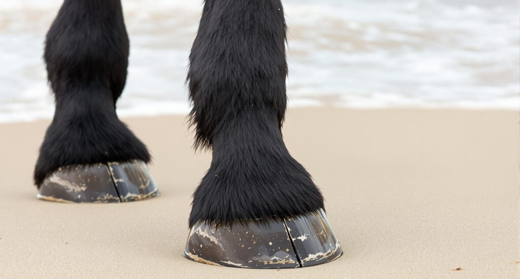 Close-up of a horse's well-trimmed black hooves standing on sand, showcasing proper hoof maintenance and regular farrier care.