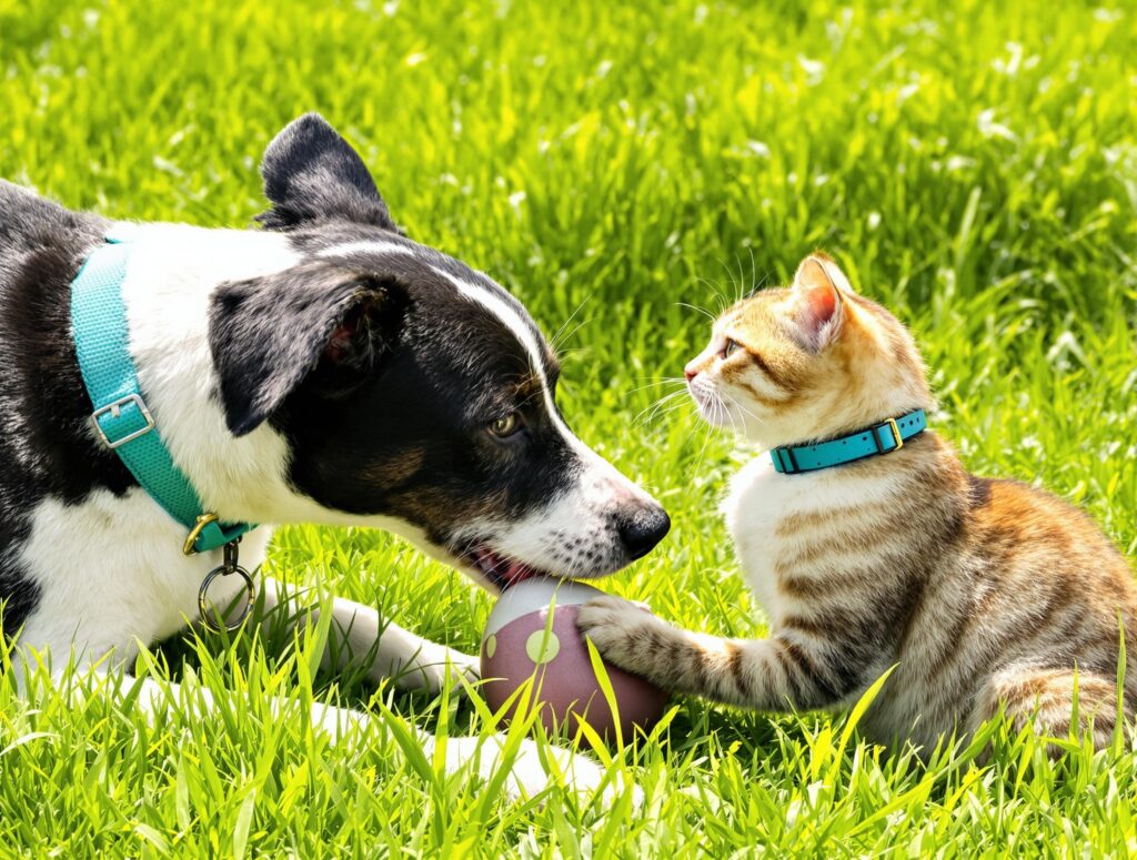 Black and white terrier mix and tabby cat play in a sunlit garden, showcasing healthy pets in a safe environment with Frontline flea and tick protection.