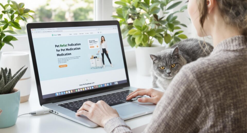 A young professional at a desk with a laptop displaying a pet medication website, accompanied by a gray tabby cat.