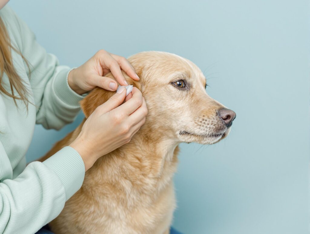 Compassionate owner in mint sweater gently cleans a mid-sized dog's ear, showcasing tender pet care.