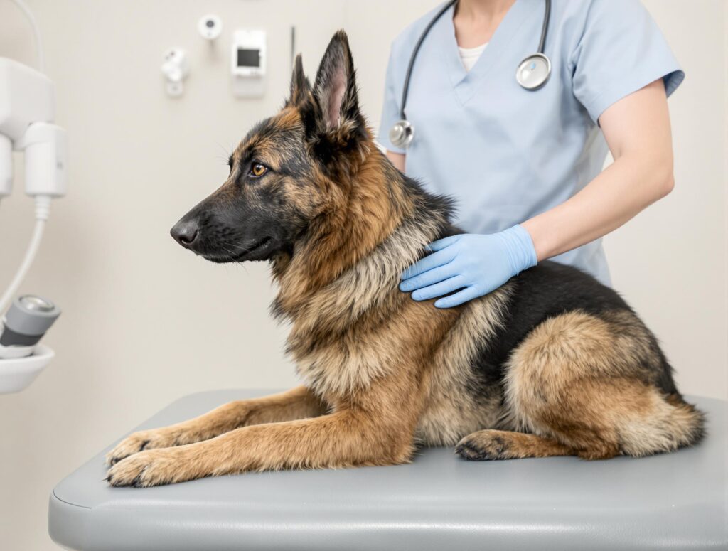 German Shepherd undergoing a hip examination by a veterinarian in a clinical setting, highlighting hip dysplasia care.