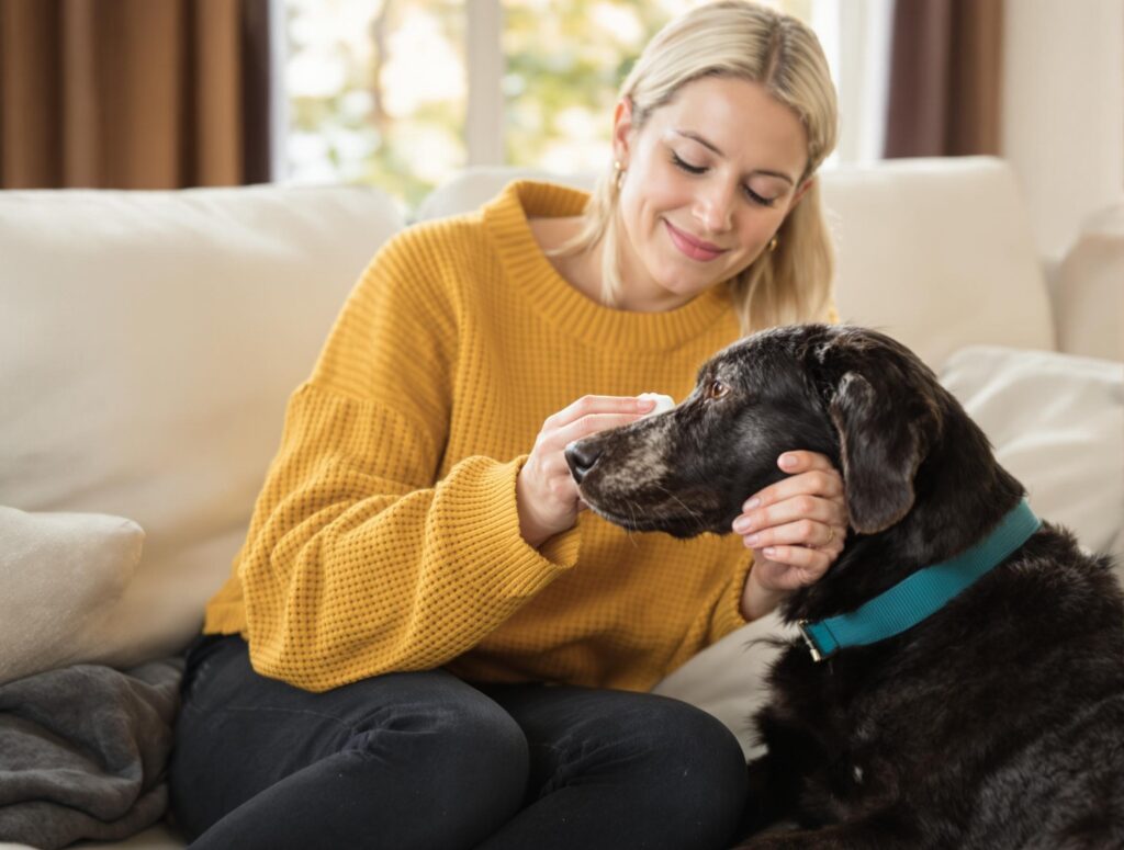 Woman in yellow sweater gently examines her black dog's face, demonstrating the importance of regular eye checks to monitor for signs of glaucoma and other vision issues.