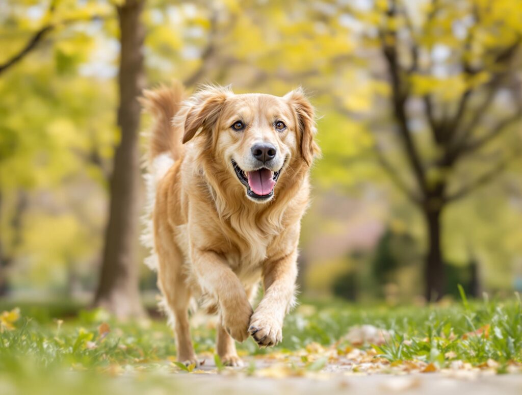 Energetic senior golden retriever demonstrating vitality in a sunlit park, highlighting benefits of glucosamine and chondroitin for dogs.