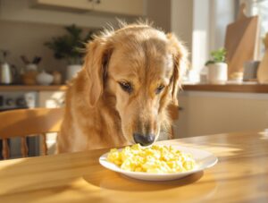golden retriever sniffing scrambled eggs on a table