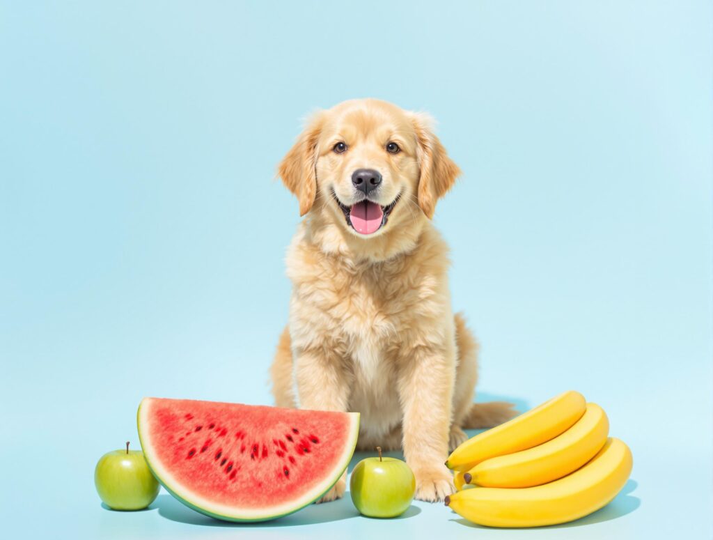 Golden retriever puppy in a sunlit garden with watermelon, apples, and bananas, highlighting can dogs eat watermelon.