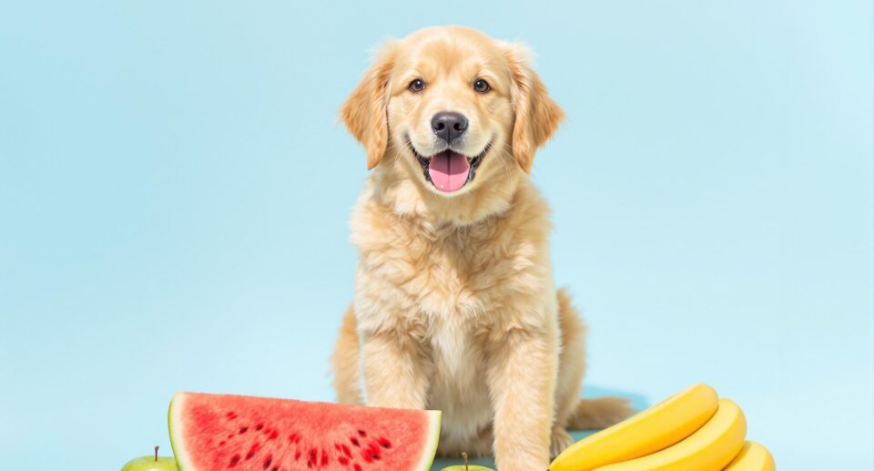 Golden retriever puppy in a sunlit garden with watermelon, apples, and bananas, highlighting can dogs eat watermelon.