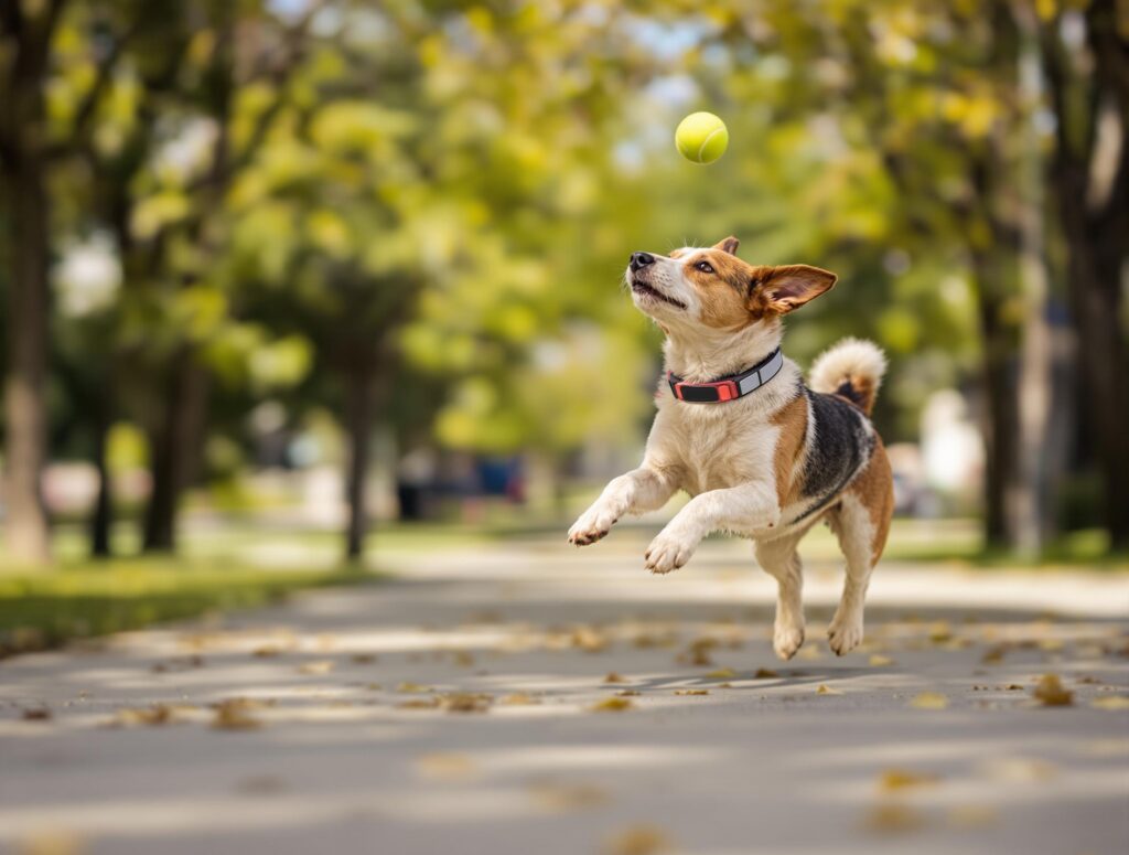 Medium-sized terrier mix dog wearing a modern GPS tracking collar, leaping to catch a tennis ball in a sunlit urban park, highlighting safety and freedom.