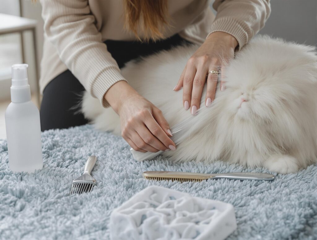 Professional woman grooming a Persian cat with premium tools on a plush rug.