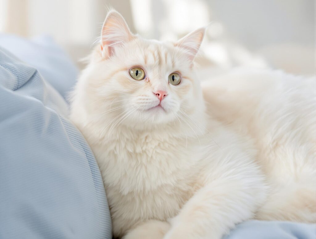 a beautiful, white, long-haired cat on a couch