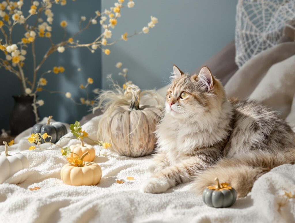 A relaxed domestic cat on an ivory blanket near Halloween decorations, highlighting a serene atmosphere.