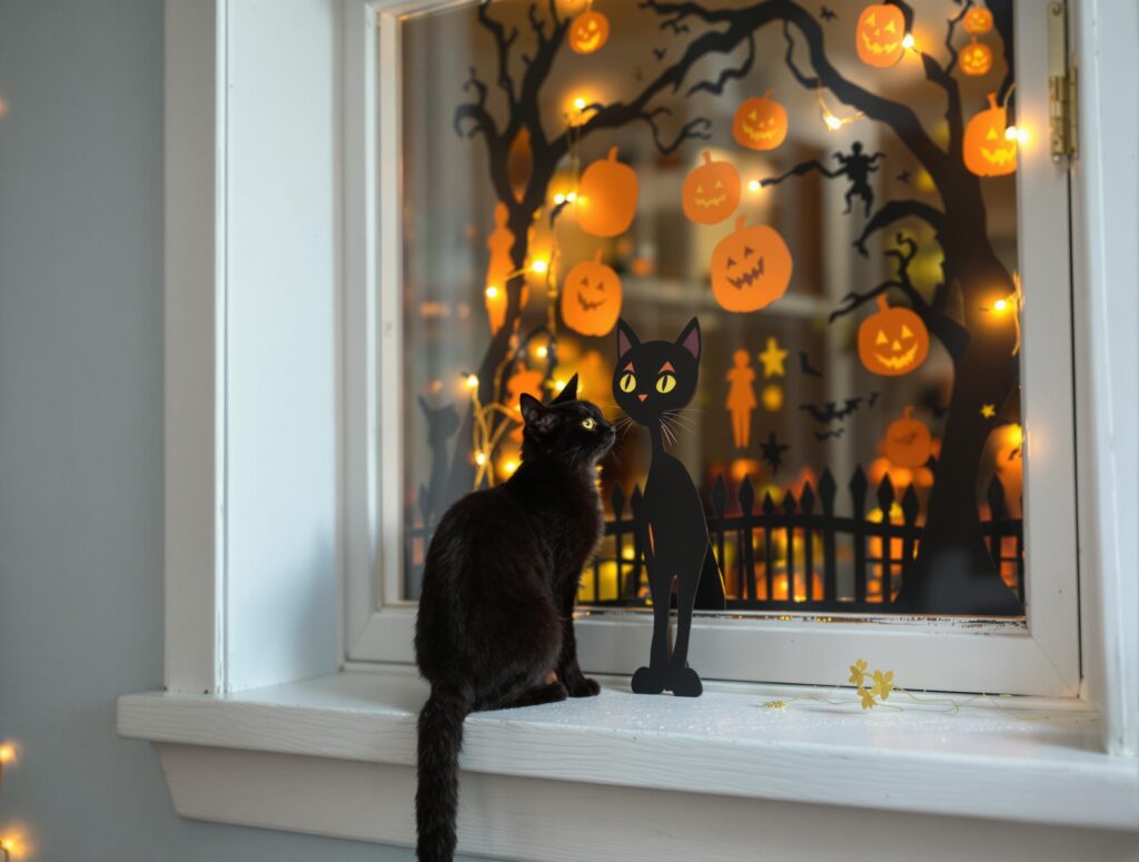 A sleek black cat on a windowsill gazes at Halloween decorations, emphasizing cat safety tips.