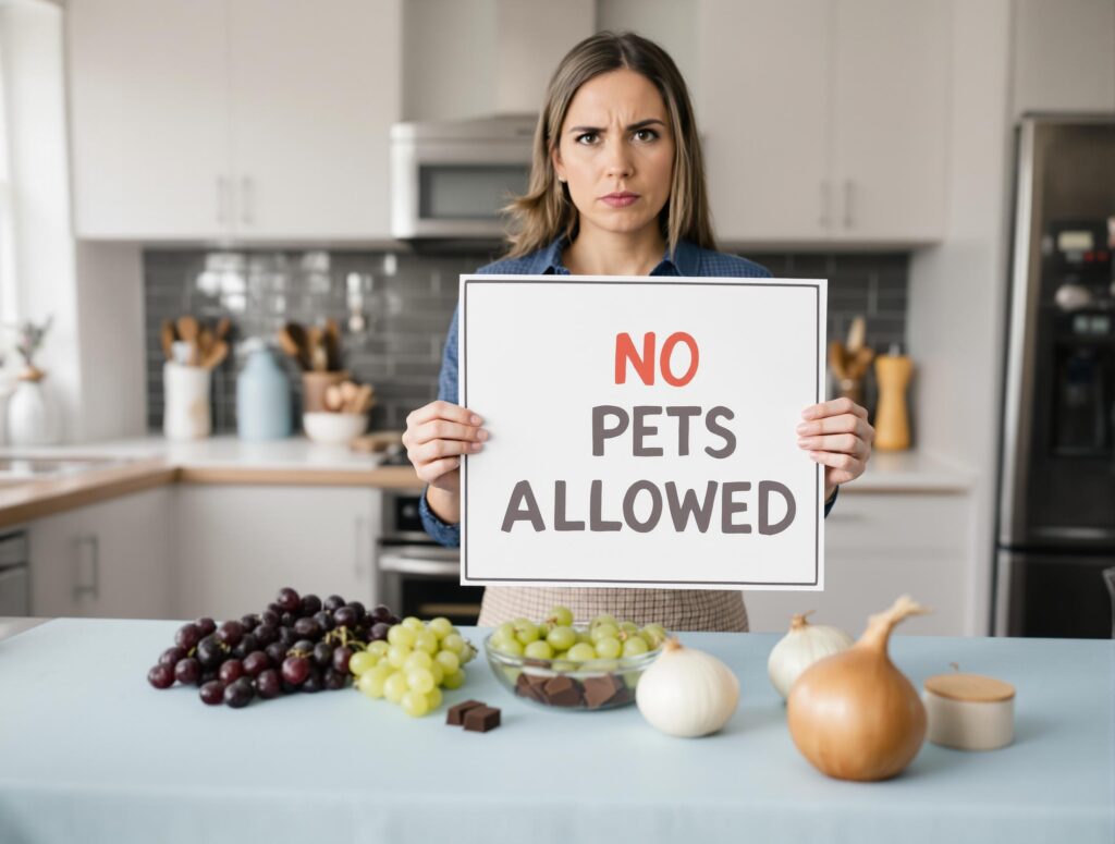 A concerned pet owner holds a 'No Pets Allowed' sign with harmful holiday foods like chocolate and grapes, highlighting hazardous foods for dogs.