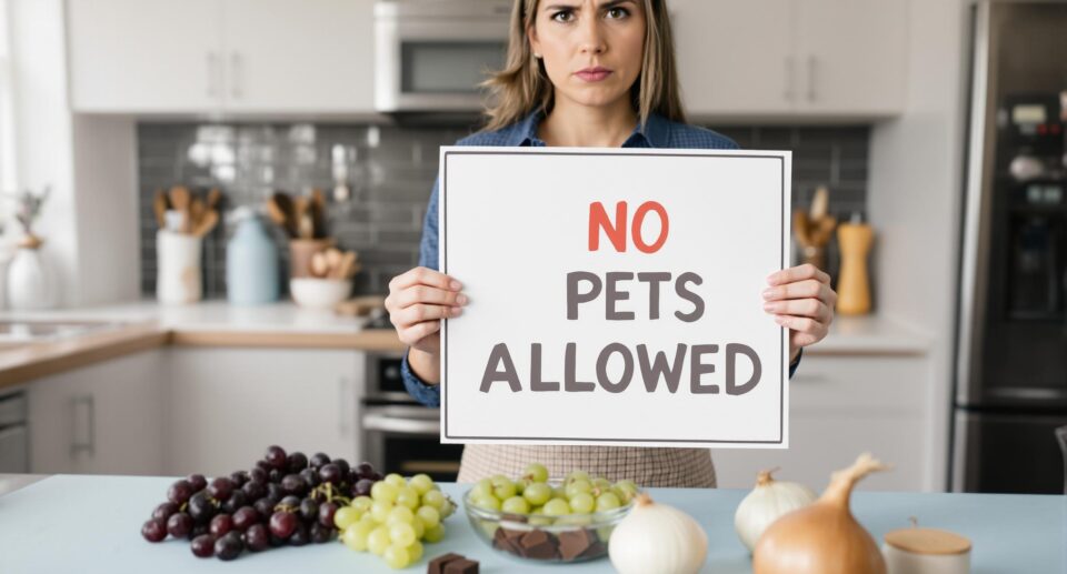 A concerned pet owner holds a 'No Pets Allowed' sign with harmful holiday foods like chocolate and grapes, highlighting hazardous foods for dogs.