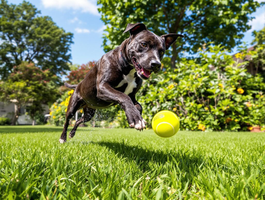 A mixed-breed rescue dog with a sleek muscular build joyfully leaps to catch a yellow tennis ball in a sunlit suburban backyard.