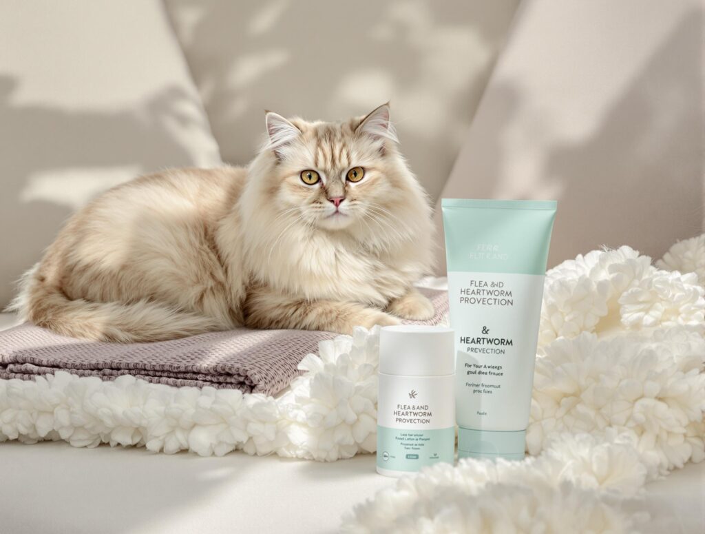 A relaxed domestic cat on an ivory blanket with flea and heartworm prevention products, promoting a healthier cat lifestyle.