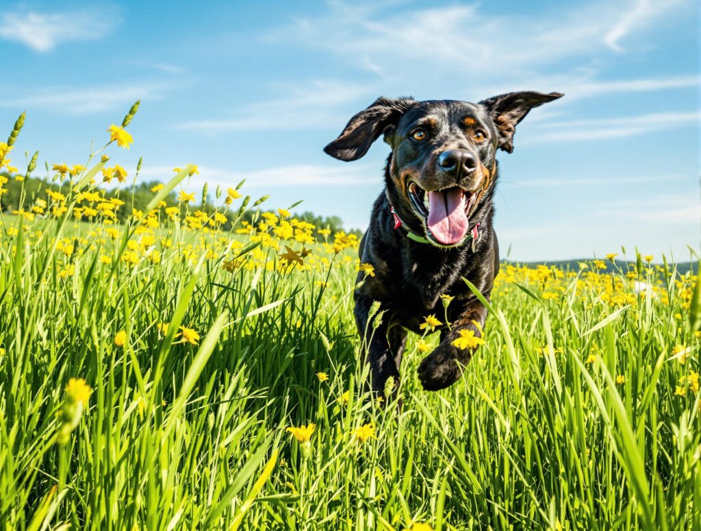 Labrador Retriever running energetically through a green meadow, promoting dog health and vitality.