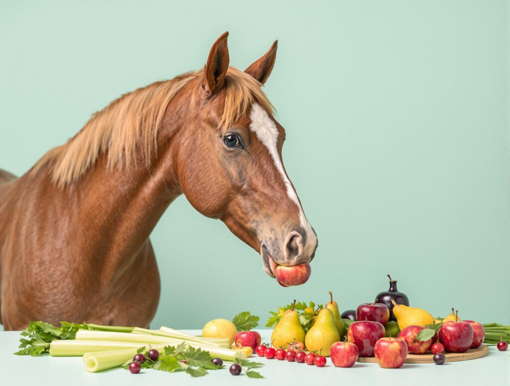 A majestic chestnut horse gently nibbling on a red apple among fresh produce, highlighting healthy treats for horses.