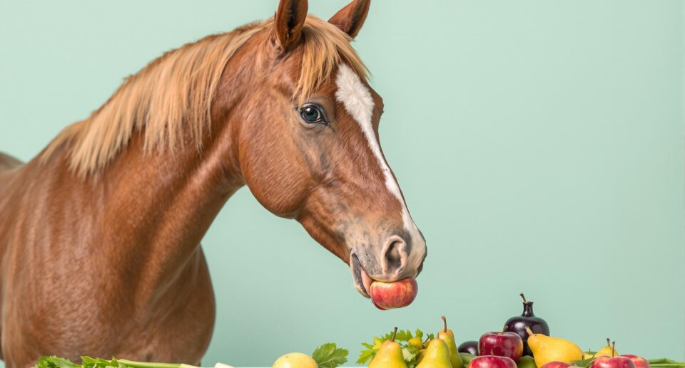 A majestic chestnut horse gently nibbling on a red apple among fresh produce, highlighting healthy treats for horses.