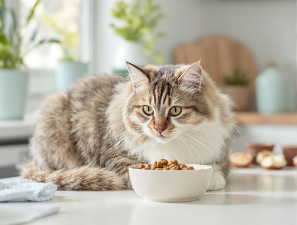 A well-groomed domestic cat eating from a ceramic bowl in a modern kitchen, highlighting gourmet pet nutrition.