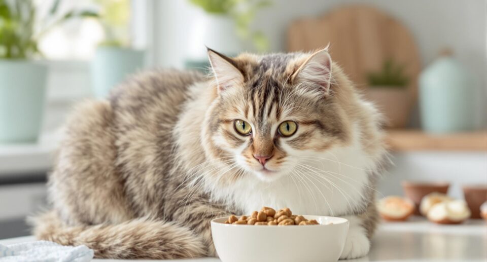 A well-groomed domestic cat eating from a ceramic bowl in a modern kitchen, highlighting gourmet pet nutrition.