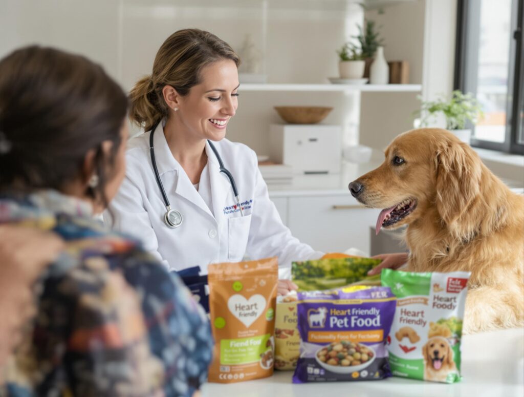 Compassionate female veterinarian and pet owner discuss heart-friendly diet for golden retriever at veterinary consultation.