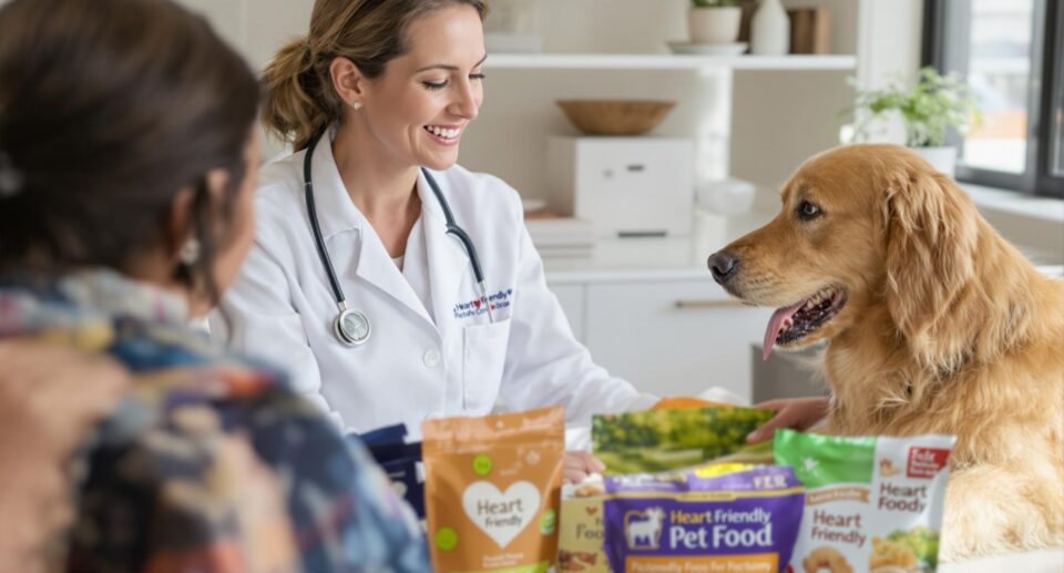 Compassionate female veterinarian and pet owner discuss heart-friendly diet for golden retriever at veterinary consultation.