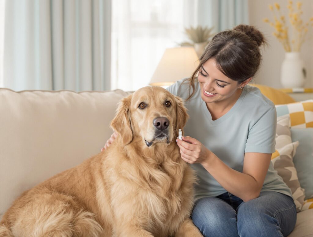 Woman administering Heartgard Plus to a calm golden retriever on a couch.