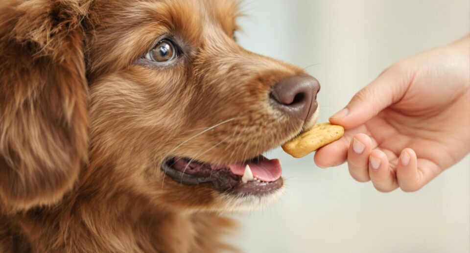 A medium-sized, fluffy dog with chocolate-brown fur eagerly accepts a treat, illustrating heartworm prevention with Heartgard Plus.