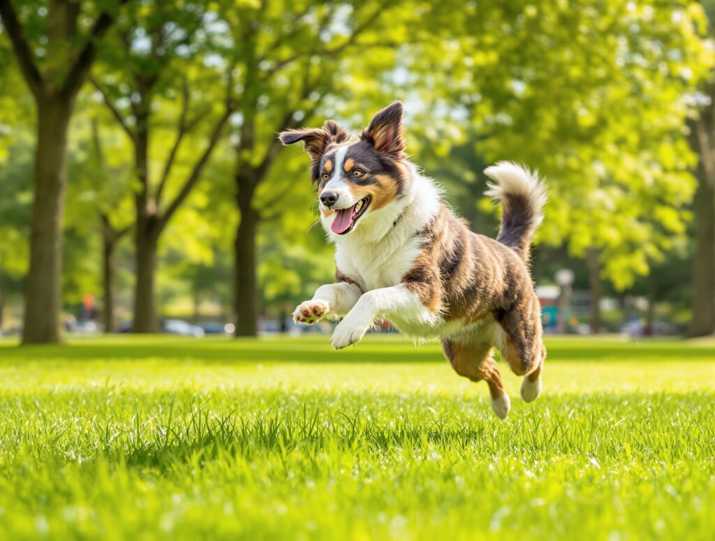 Australian Shepherd or Border Collie leaping in a park, illustrating heartworm disease FAQs for dogs.