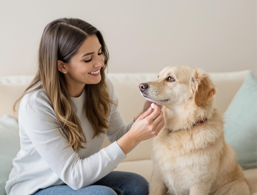 A pet owner gives a heartworm prevention pill to a calm dog, highlighting the bond between them.