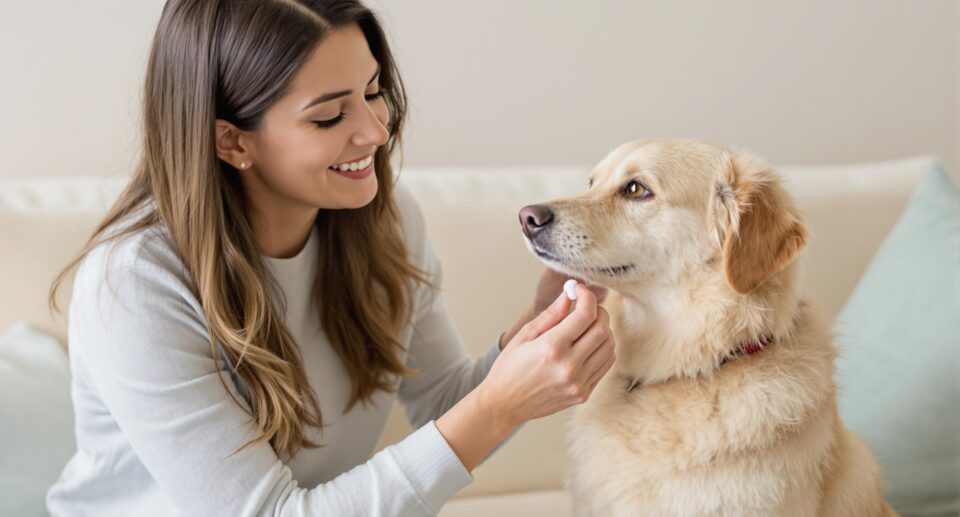 A pet owner gives a heartworm prevention pill to a calm dog, highlighting the bond between them.