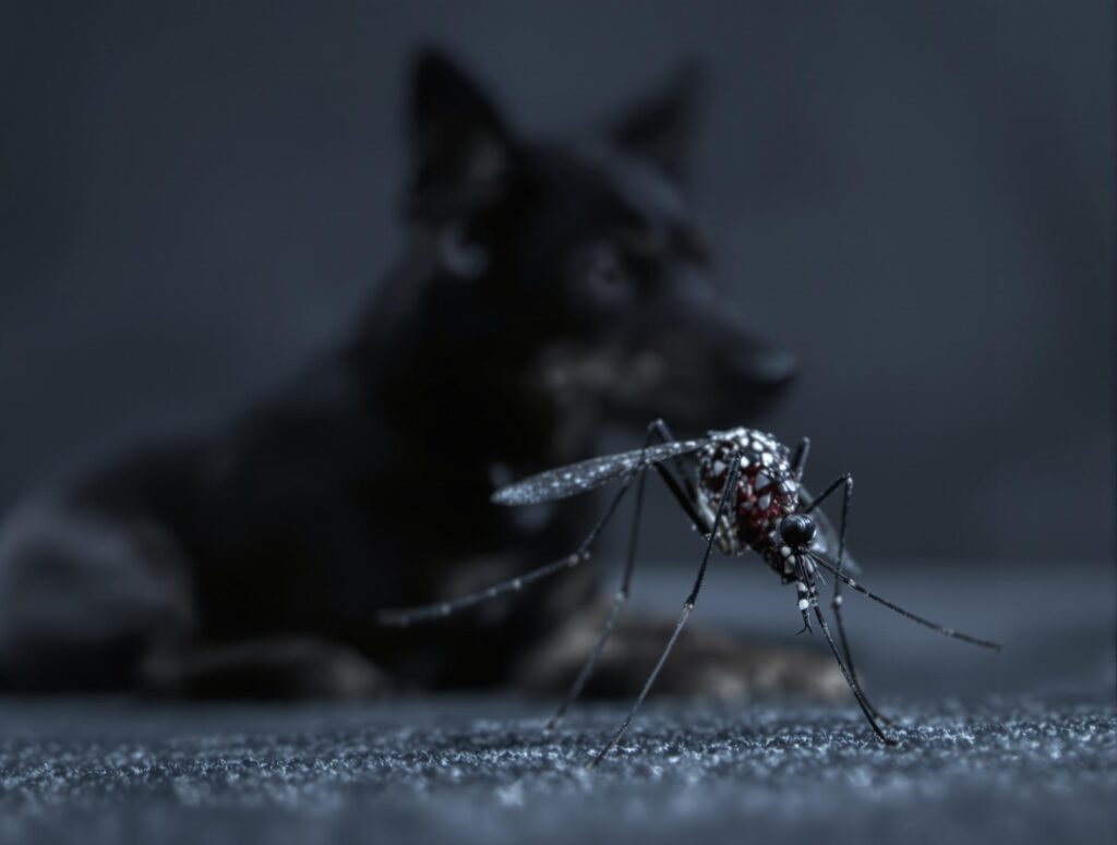 Close-up of a mosquito with a blurred dog in the background highlighting the importance of heartworm preventatives for dogs.
