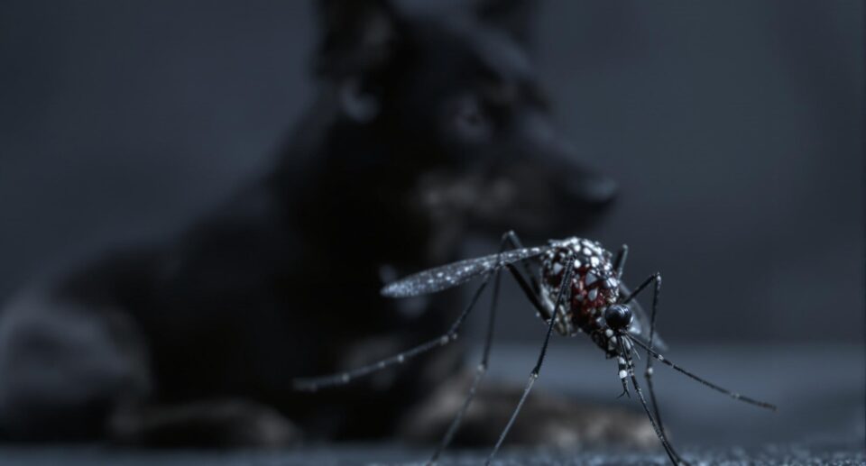 Close-up of a mosquito with a blurred dog in the background highlighting the importance of heartworm preventatives for dogs.